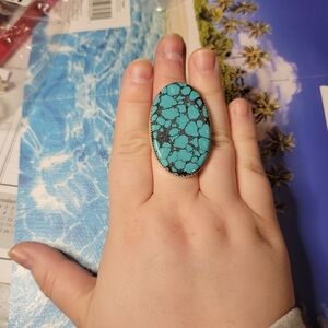 Oversized Turquoise  Statement Adjustable Ring – Solid Sterling Silver